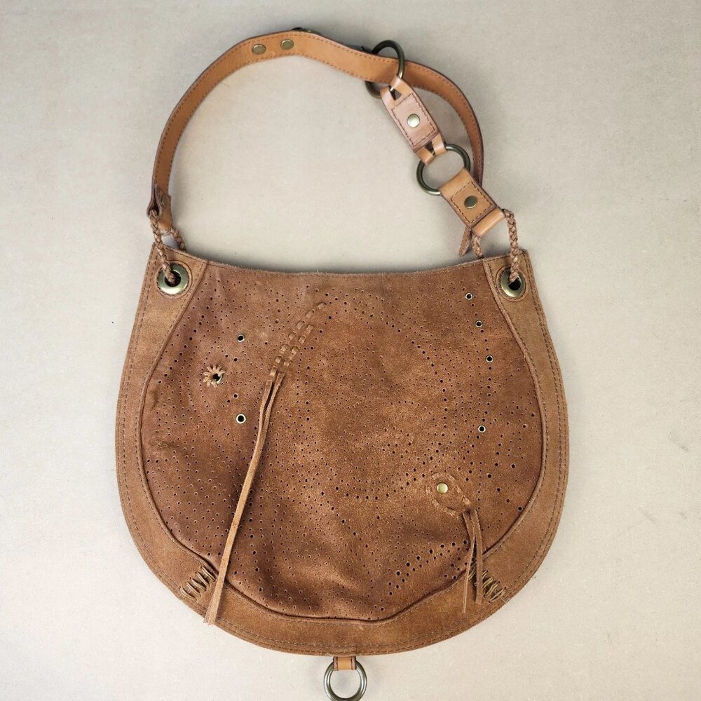 Lucky Brand Suede Hobo w/Fringe Brass Hardware Boho 13x16 Large - Picture 5 of 16